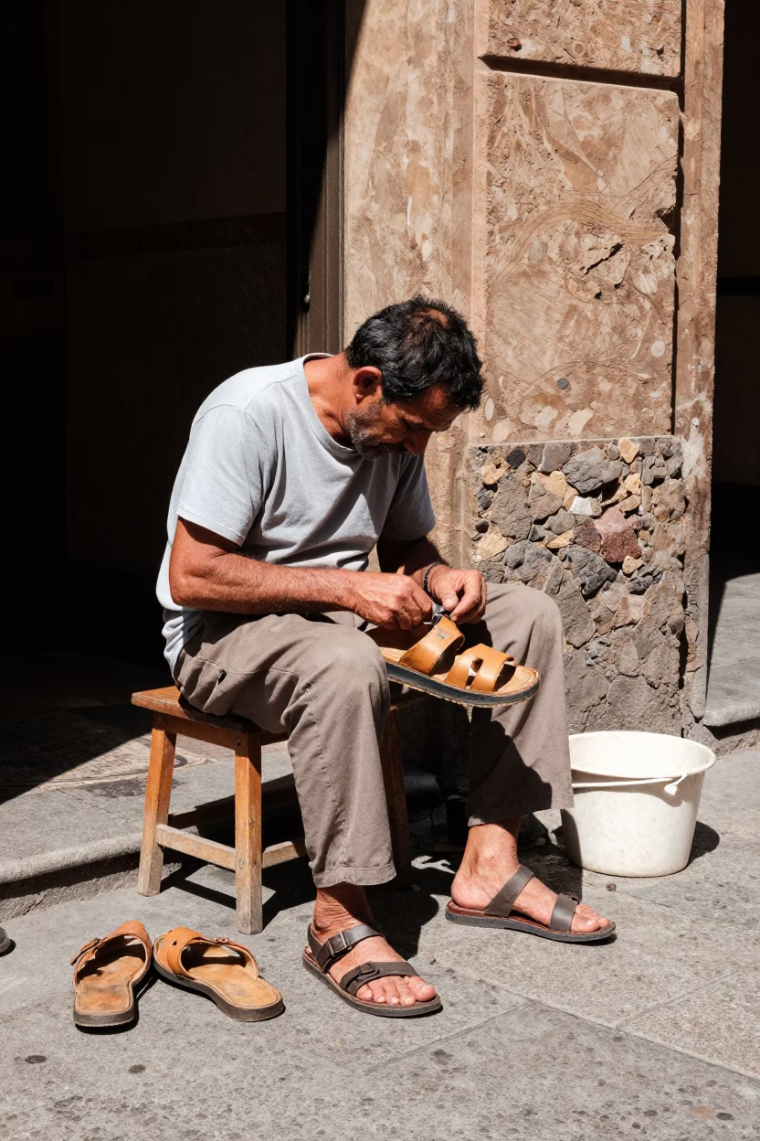Cobbler Repairing Sandals on Bologna Street Under Flat Noon Glare with Table Fans in in Bologna, Italy
