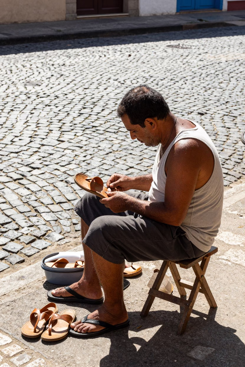 Cobbler Repairing Sandals on Cobblestone Street in Rio de Janeiro Midmorning Light in in Rio de Janeiro, Brazil