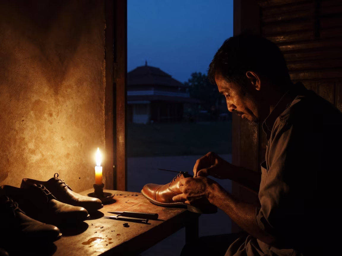Cobbler Repairing Shoes in Predawn Candlelight in in Naypyidaw