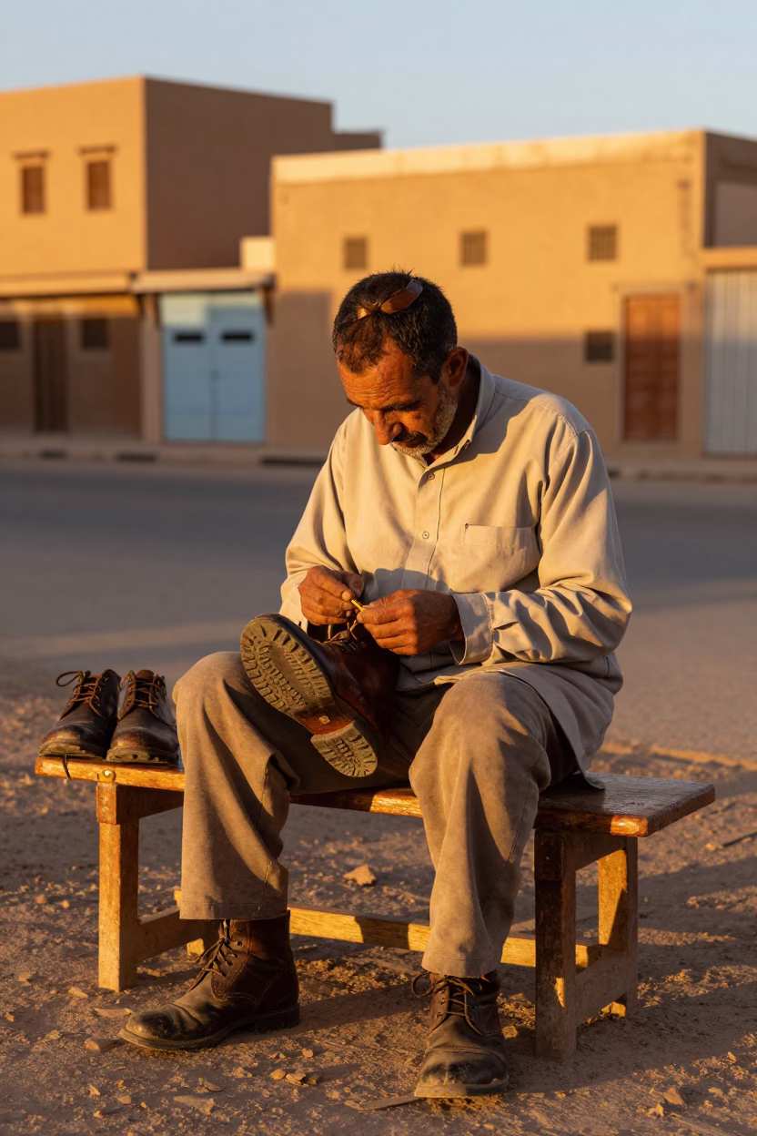 Cobbler Resoling Boots at Casablanca Roadside Bench in Honeyed Evening Light in in Casablanca, Morocco