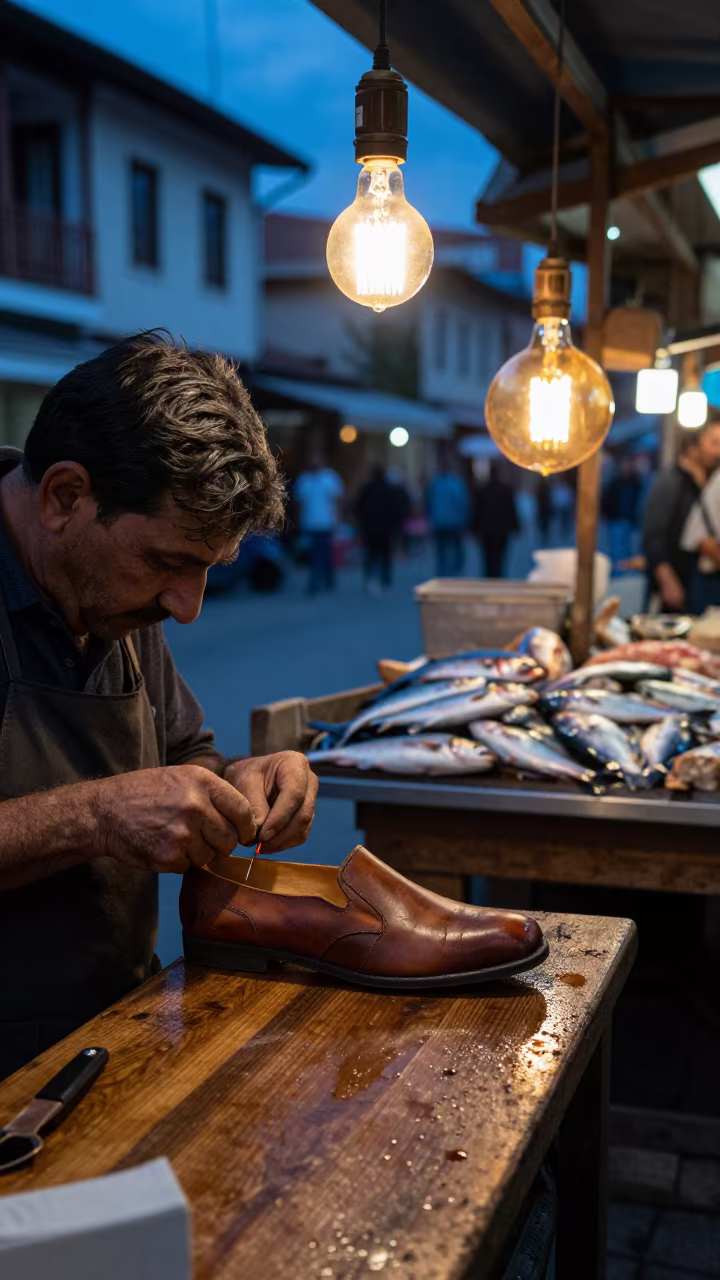 Cobbler Stitching Leather Slipper in Bursa Market in beside a fish counter in Bursa