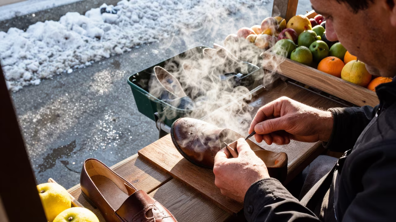 Cobbler Stitching Slipper Amidst Snow and Sun in at a roadside fruit stand in Salzburg