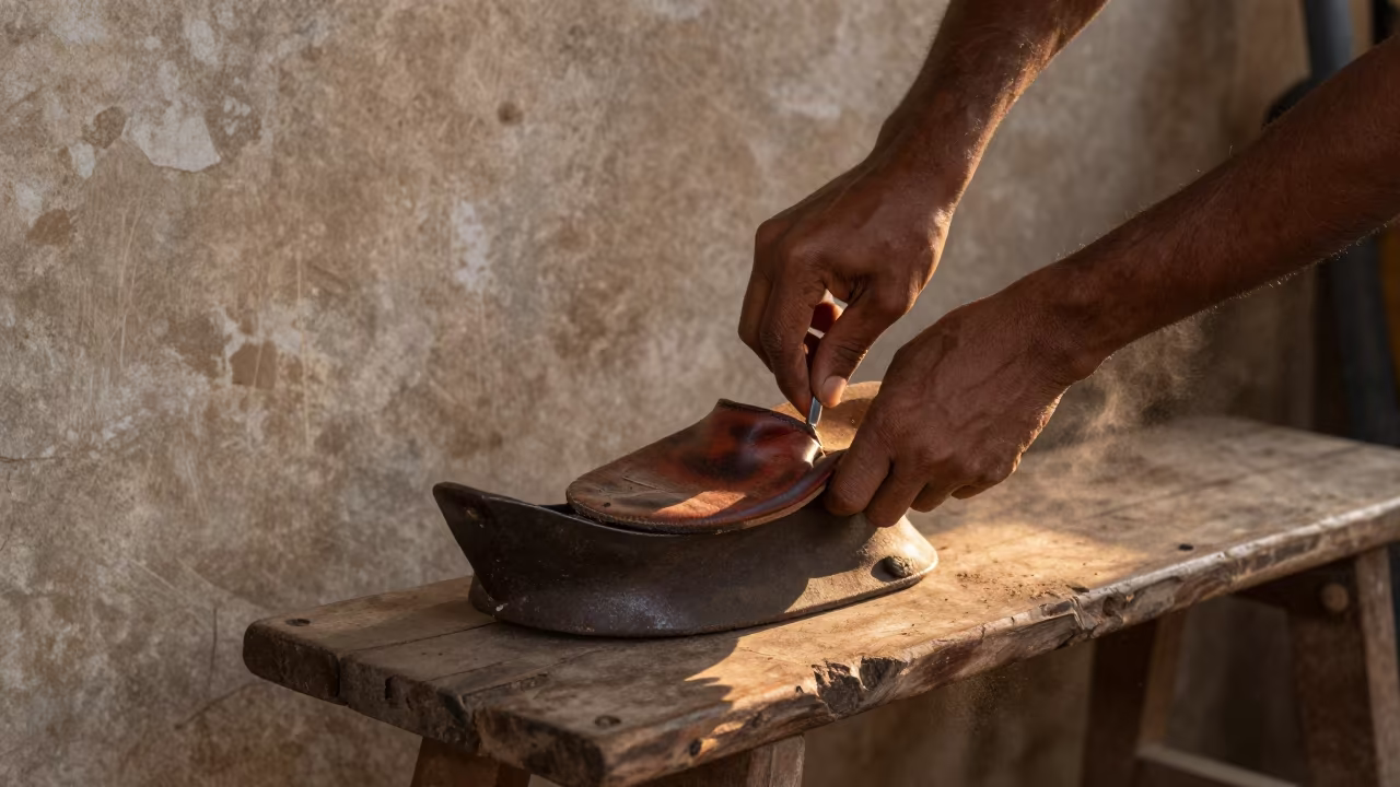 Cobbler Tacking Sole at Dawn in Cuttack Old Quarter in in the old quarter in Cuttack
