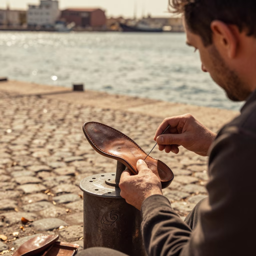Cobbler Tacking Sole at Hama Harbor in at a harbor edge in Hama