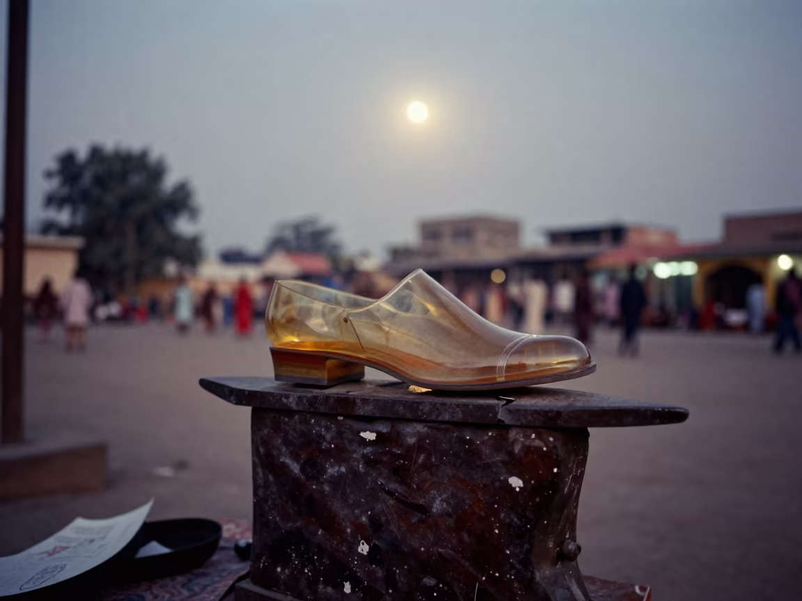 Cobbler Tacks Glass Shoe in Dawn Moonlight in at a public square in Khanewal