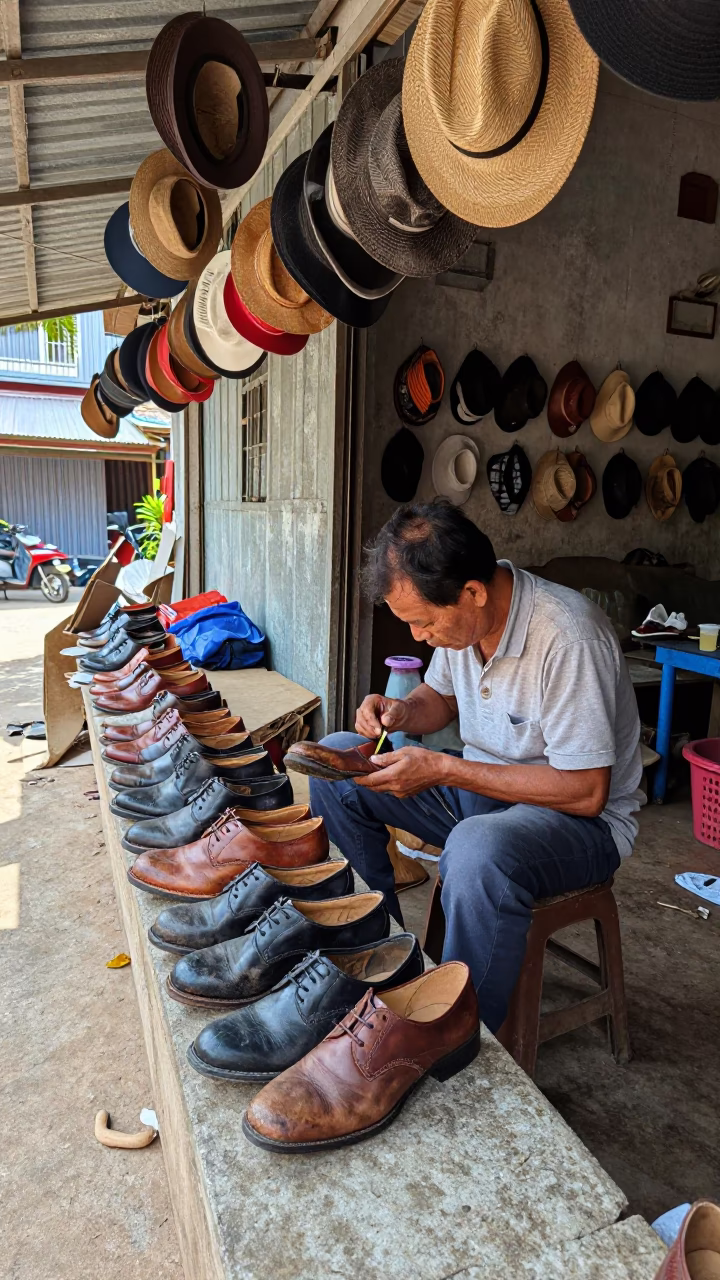 Cobbler Working in Phnom Penh in in Phnom Penh, Cambodia