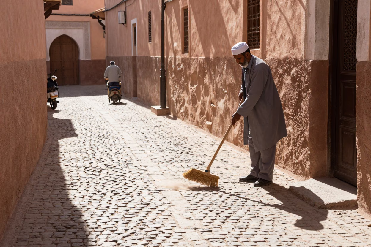 Cobblestone Alley at Bright Midmorning Light in Marrakech in in Marrakech, Morocco
