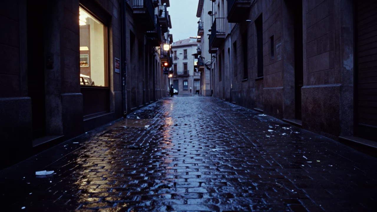 Cobblestone Alley in Barcelona in in Barcelona, Spain