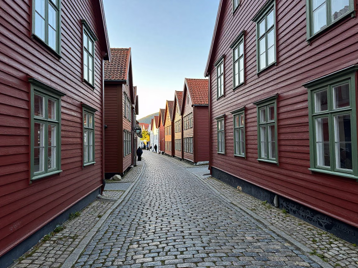 Cobblestone Alley in Bergen at The Late Morning Light in in Bergen, Norway
