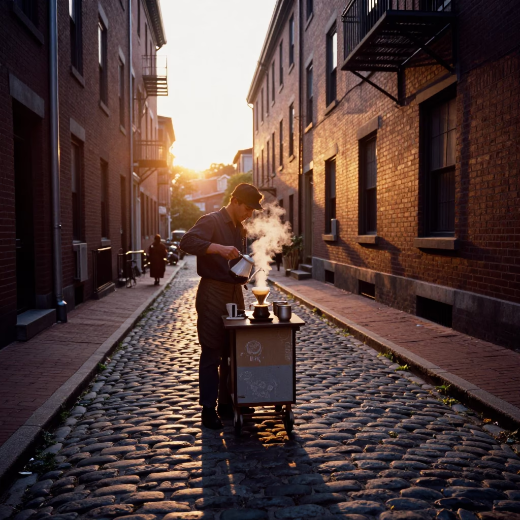 Cobblestone Alley in Boston at Golden Hour in in Boston, Massachusetts, United States