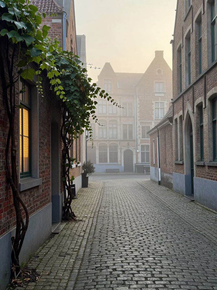 Cobblestone Alley in Brussels at Dawn Light in in Brussels, Belgium