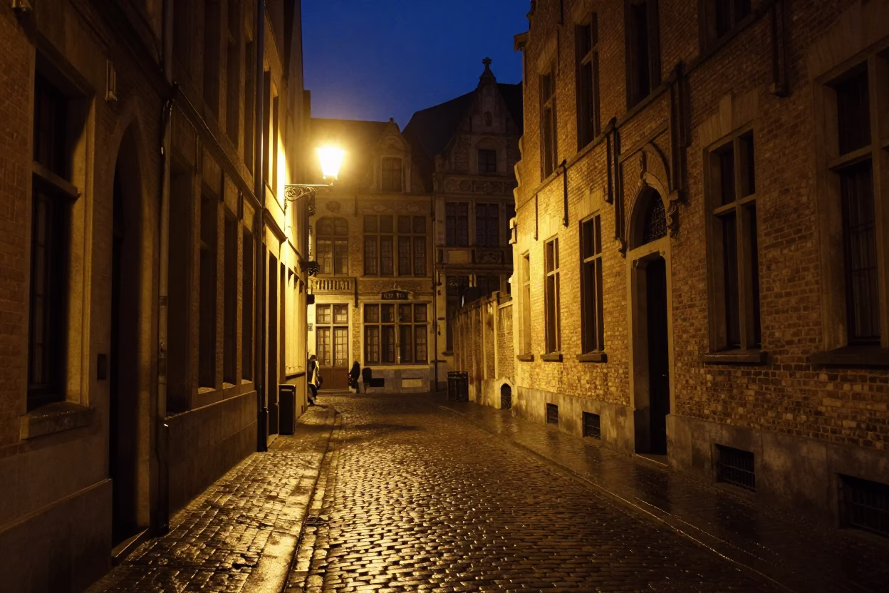 Cobblestone Alley in Brussels at The Deepest Night Sky Light in in Brussels, Belgium