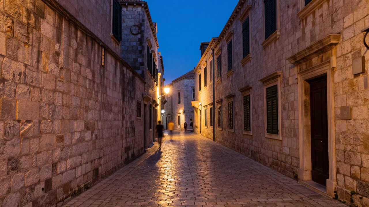 Cobblestone Alley in Dubrovnik at Blue Hour in in Dubrovnik, Croatia