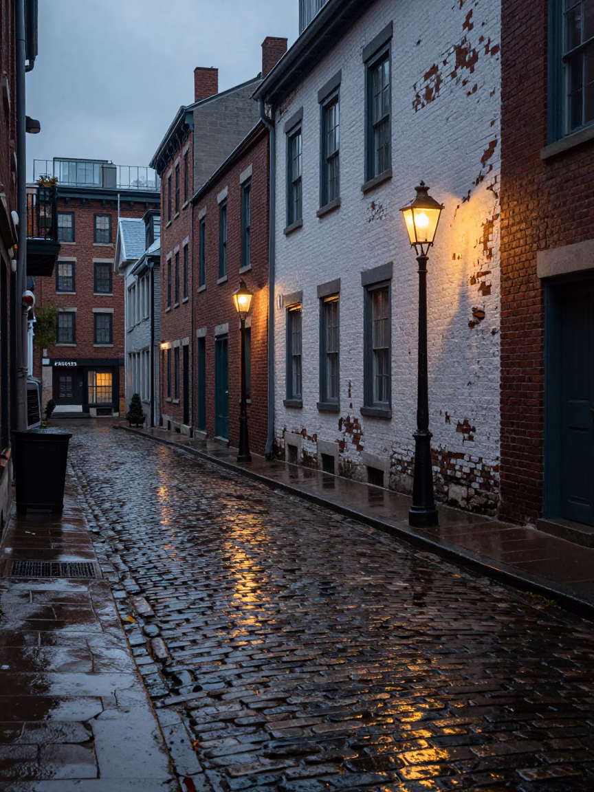 Cobblestone Alley in Montreal at Dusk Light in in Montreal, Quebec, Canada