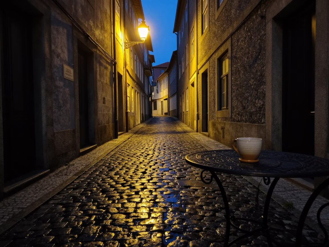Cobblestone Alley in Porto at The Predawn Darkness Light in in Porto, Portugal