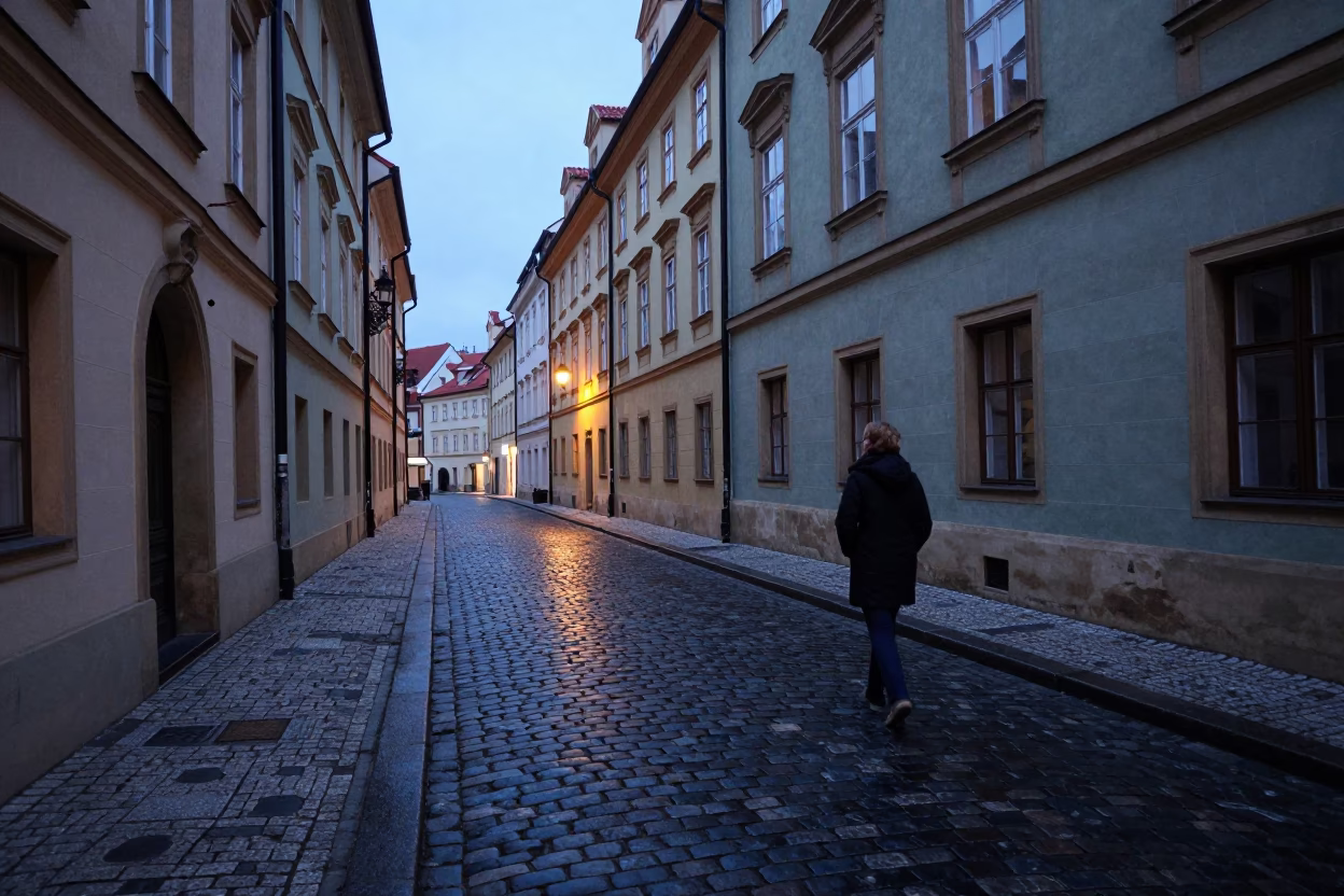 Cobblestone Alley in Prague at Blue Hour in in Prague, Czech Republic
