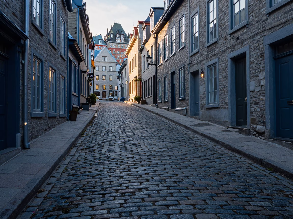 Cobblestone Alley in Quebec City at Early Morning Light in in Quebec City, Quebec, Canada