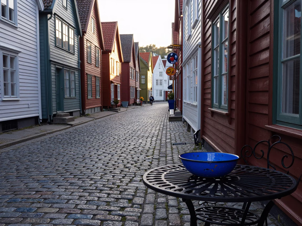 Cobblestone Alley just after sunrise in Bergen in in Bergen, Norway