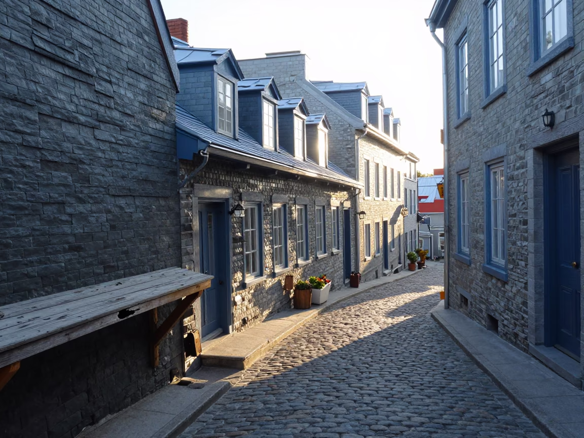 Cobblestone Alley just after sunrise in Quebec City in in Quebec City, Quebec, Canada