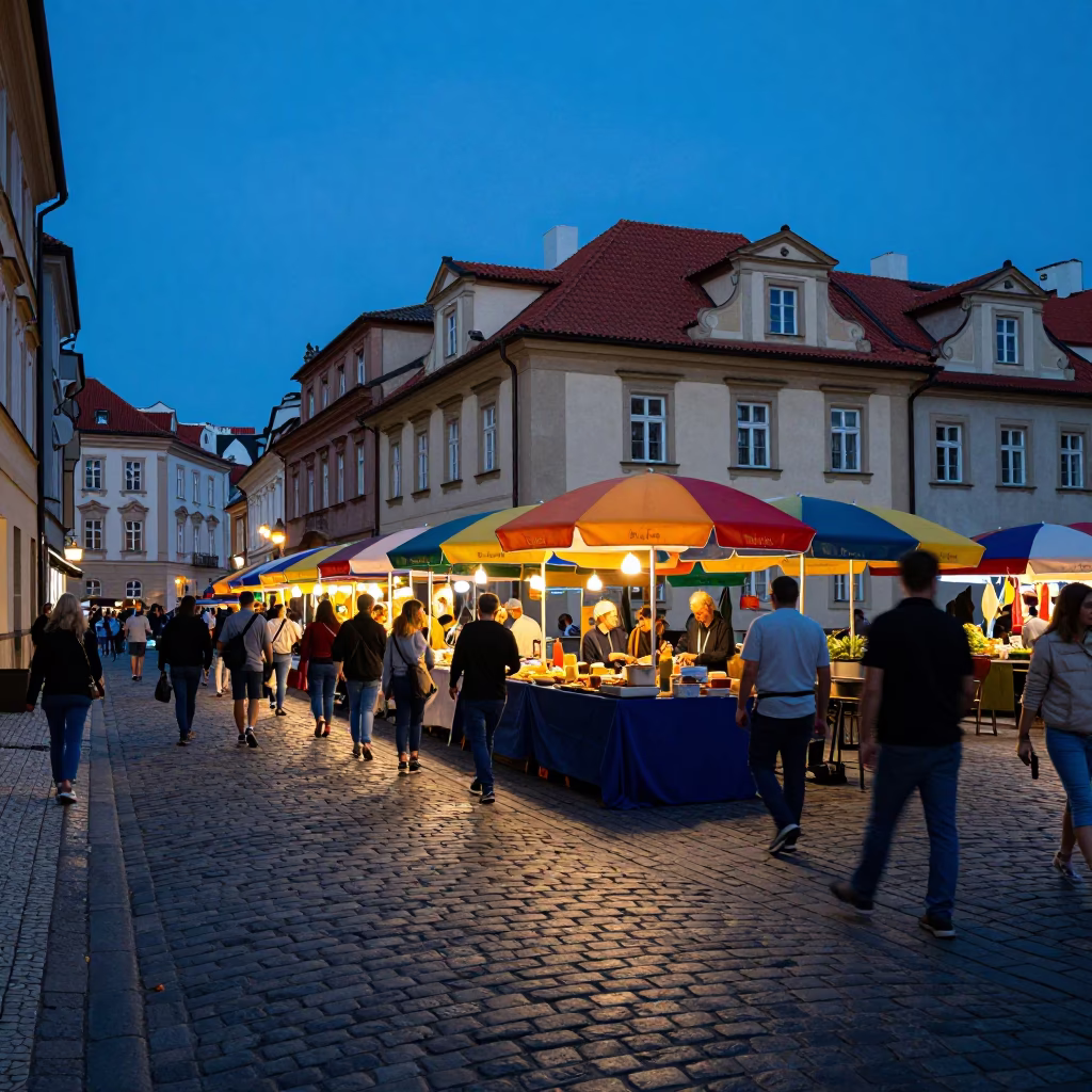 Cobblestone Alleyway at Blue Hour in Prague in in Prague, Czech Republic
