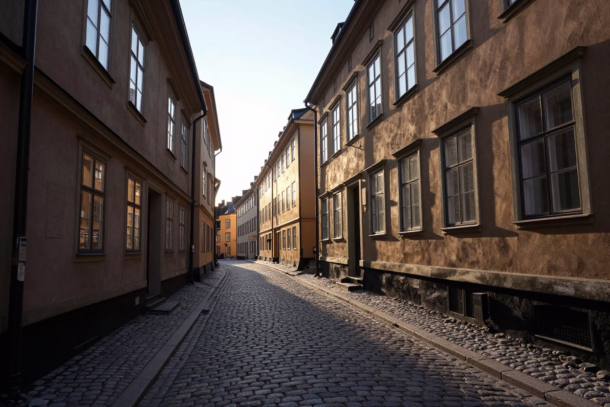 Cobblestone Alleyway in Stockholm at As First Light Reaches The Scene in in Stockholm, Sweden