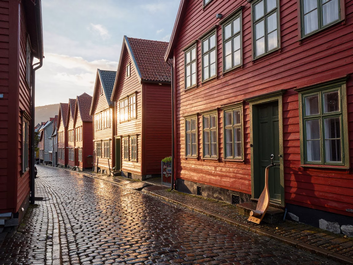 Cobblestone Alleyway just after sunrise in Bergen in in Bergen, Norway