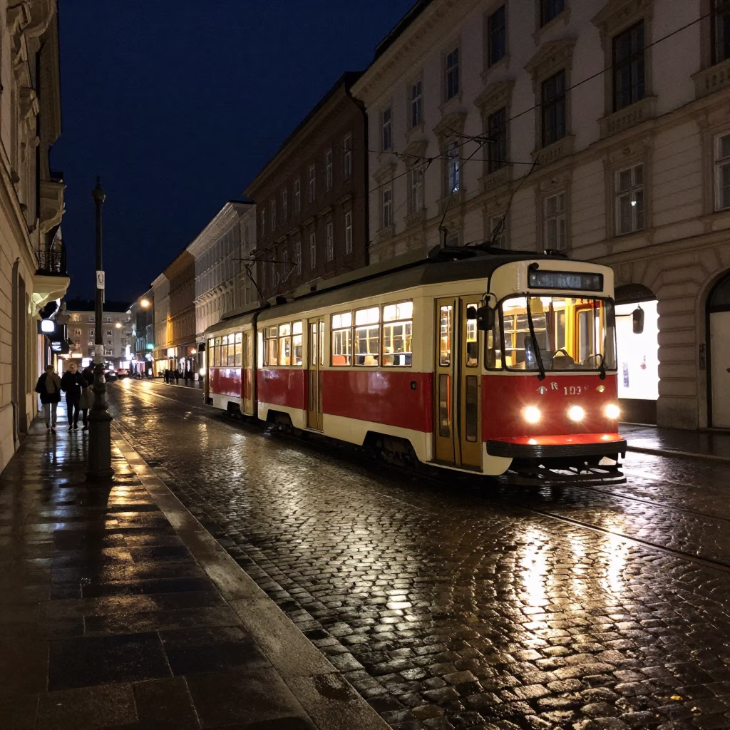 Cobblestone Avenue And Heritage Tram in Vienna in in Vienna, Austria