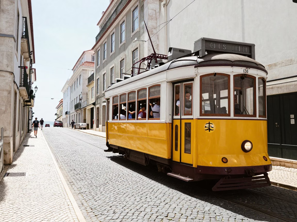 Cobblestone Avenue in Lisbon at The Flat Glare Of Noon Light in in Lisbon, Portugal