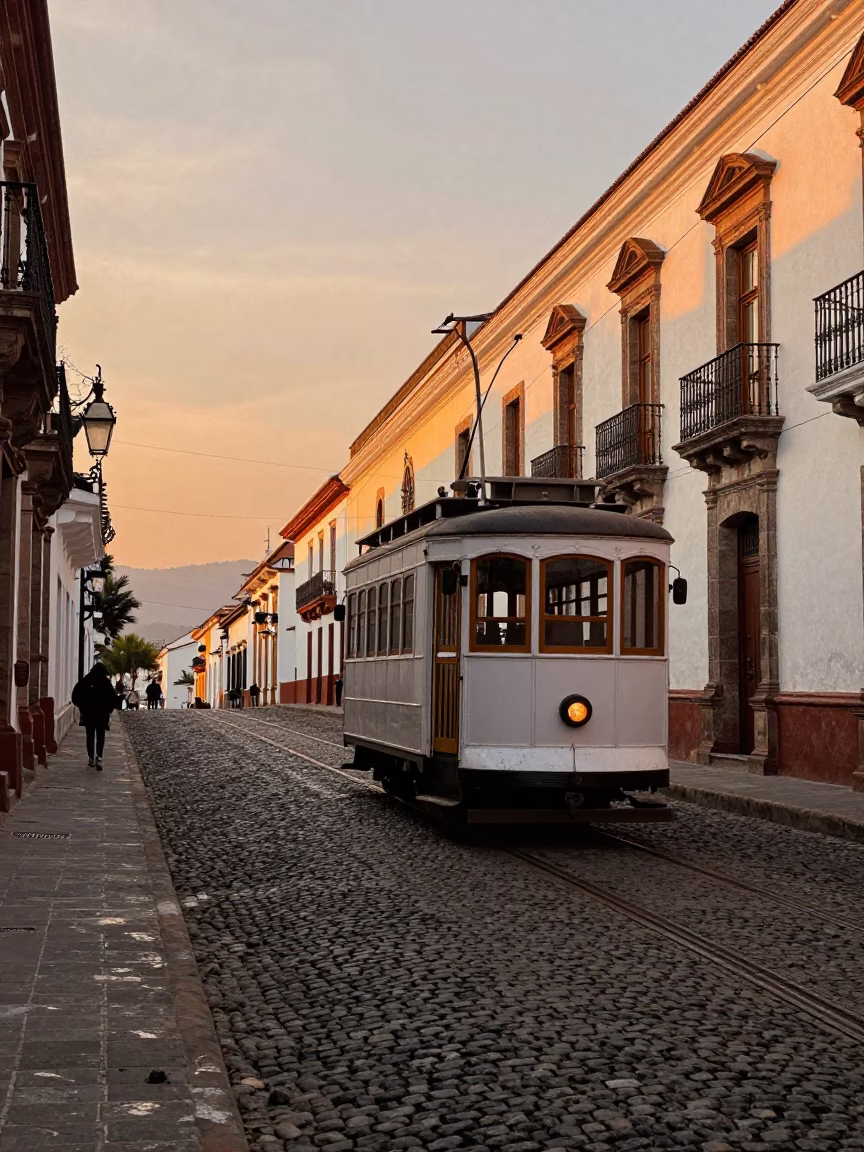 Cobblestone Avenue in Quito at Honeyed Evening Light in in Quito, Ecuador