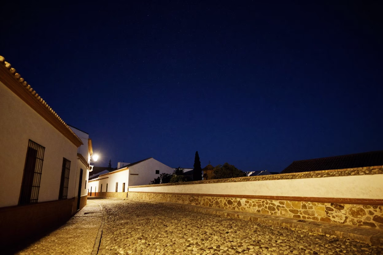 Cobblestone Lane in Granada at The Deepest Night Sky Light in in Granada, Spain