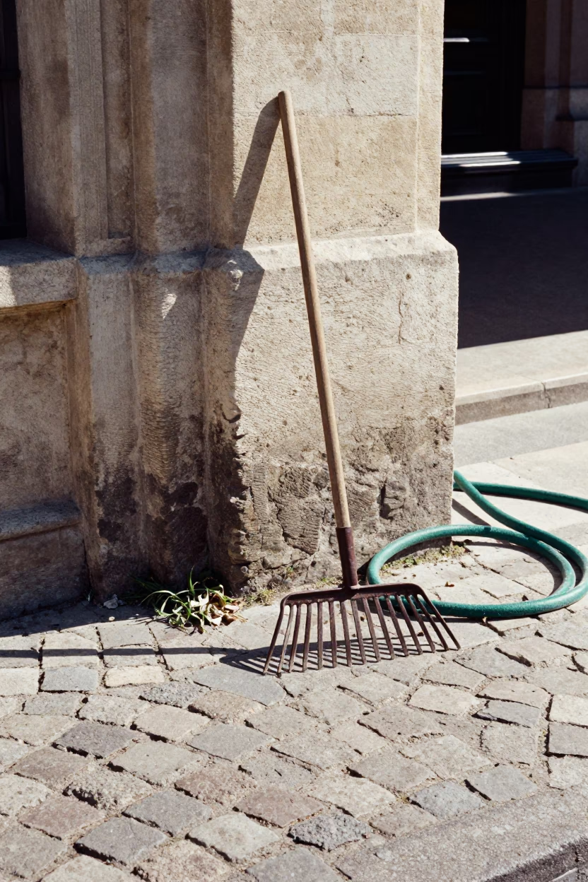 Cobblestone Paris Sidewalk Scene with Garden Rake and Hose Nozzle at Midday in in Paris, France