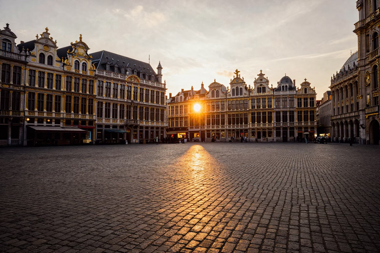Cobblestone Plaza in Brussels at As The Sun Drops Toward The Horizon in in Brussels, Belgium