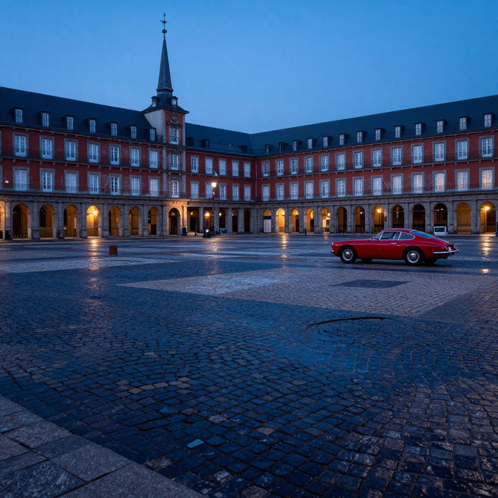 Cobblestone Plaza in Madrid at Sunrise Light in in Madrid, Spain
