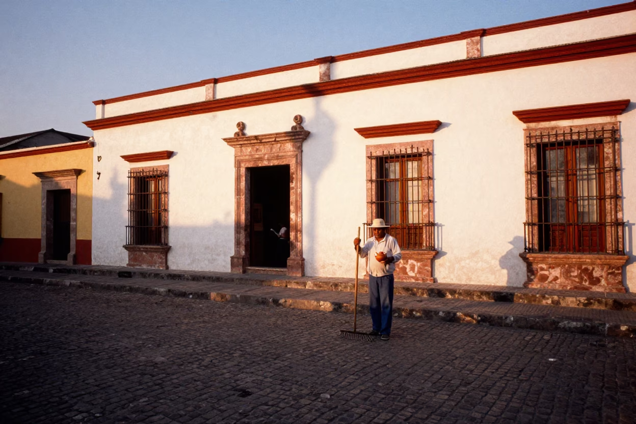 Cobblestone Plaza in Merida at Copper-toned Light Before Dusk in in Merida, Mexico