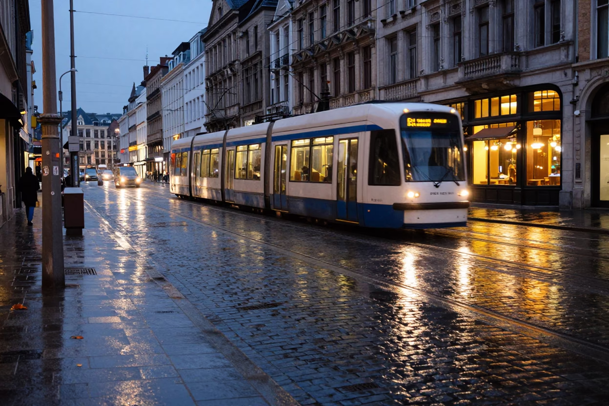 Cobblestone Reflections after dark in Brussels in in Brussels, Belgium