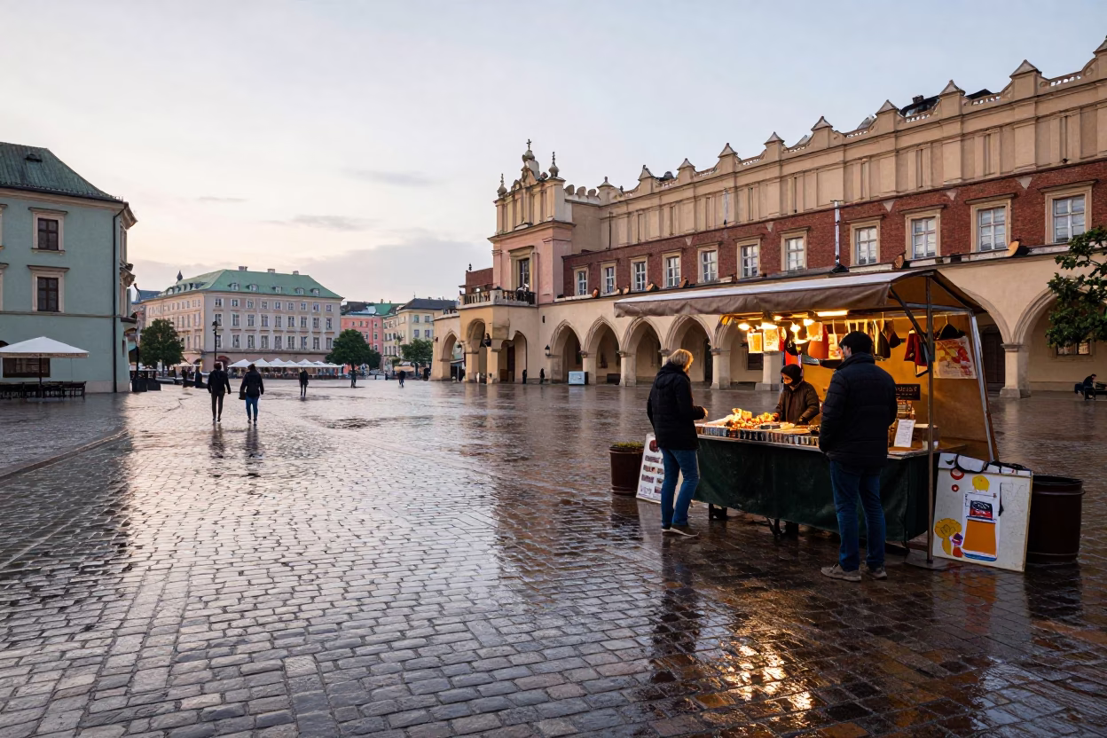 Cobblestone Square in Krakow in in Krakow, Poland