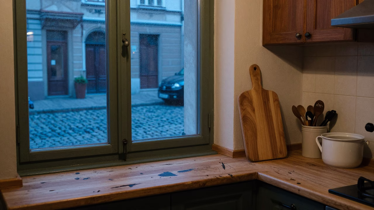 Cobblestone Street And Vintage Interior Details in Budapest at Blue Hour in in Budapest, Hungary