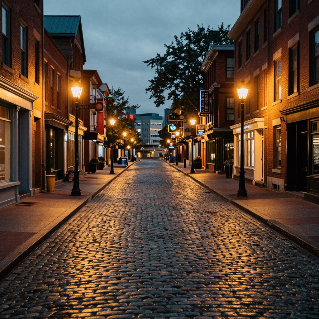 Cobblestone Street at As City Lights Begin To Glow in Vancouver in in Vancouver, British Columbia, Canada