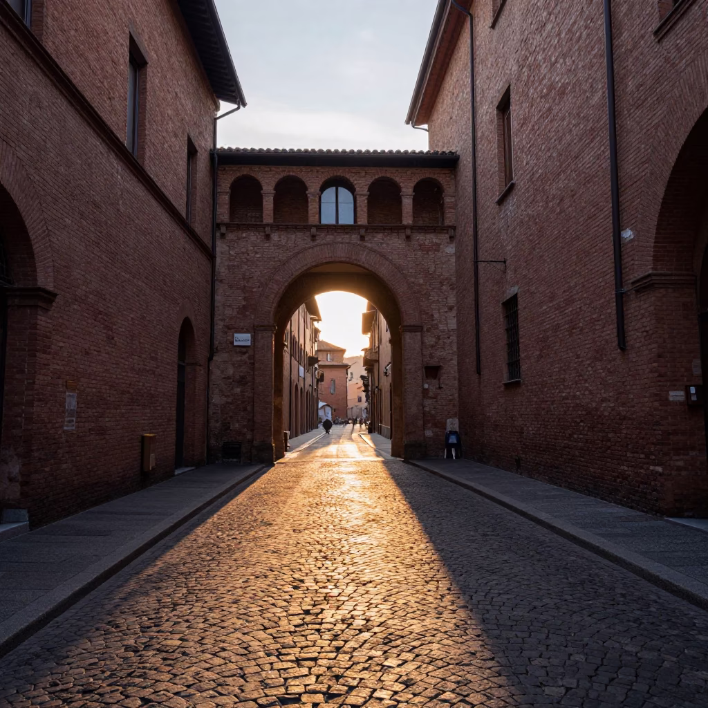 Cobblestone Street at First Light Of Dawn in Bologna in in Bologna, Italy