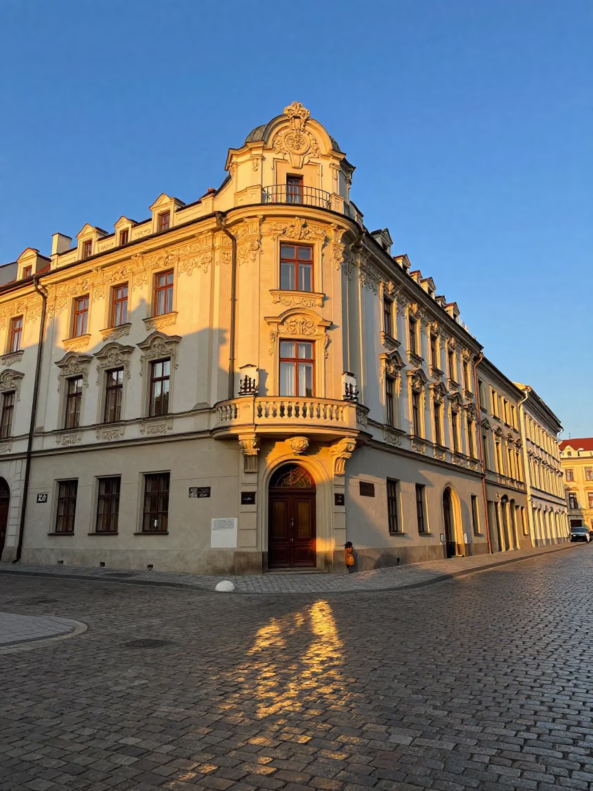 Cobblestone Street at Golden Hour in Krakow in in Krakow, Poland