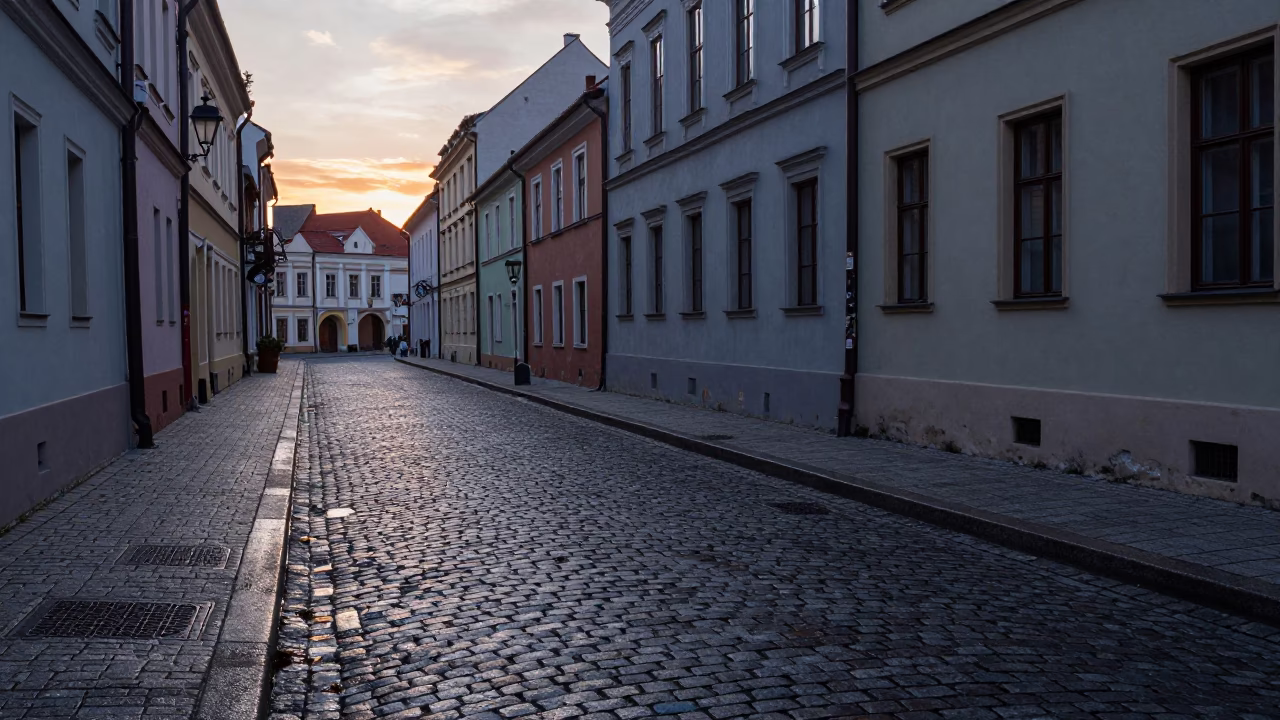 Cobblestone Street at Sunrise Light in Krakow in in Krakow, Poland