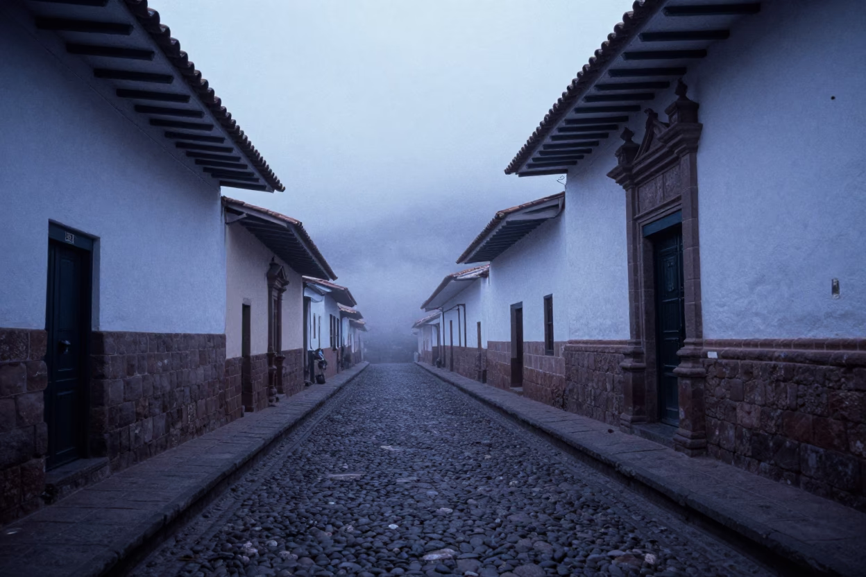 Cobblestone Street at The Still Hours Before Dawn Light in Cusco in in Cusco, Peru