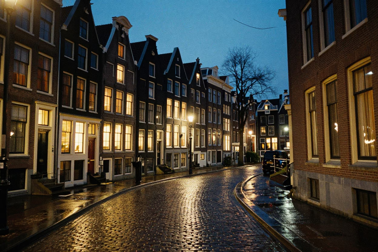 Cobblestone Street at Twilight in Amsterdam in in Amsterdam, Netherlands