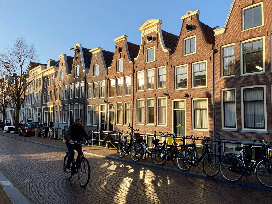 Cobblestone Street in Amsterdam at Clear Late-afternoon Light in in Amsterdam, Netherlands