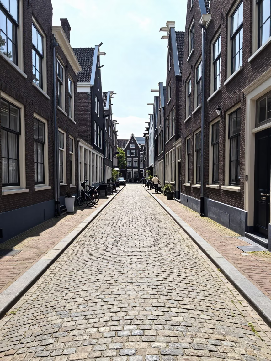 Cobblestone Street in Amsterdam at The Flat Glare Of Noon Light in in Amsterdam, Netherlands