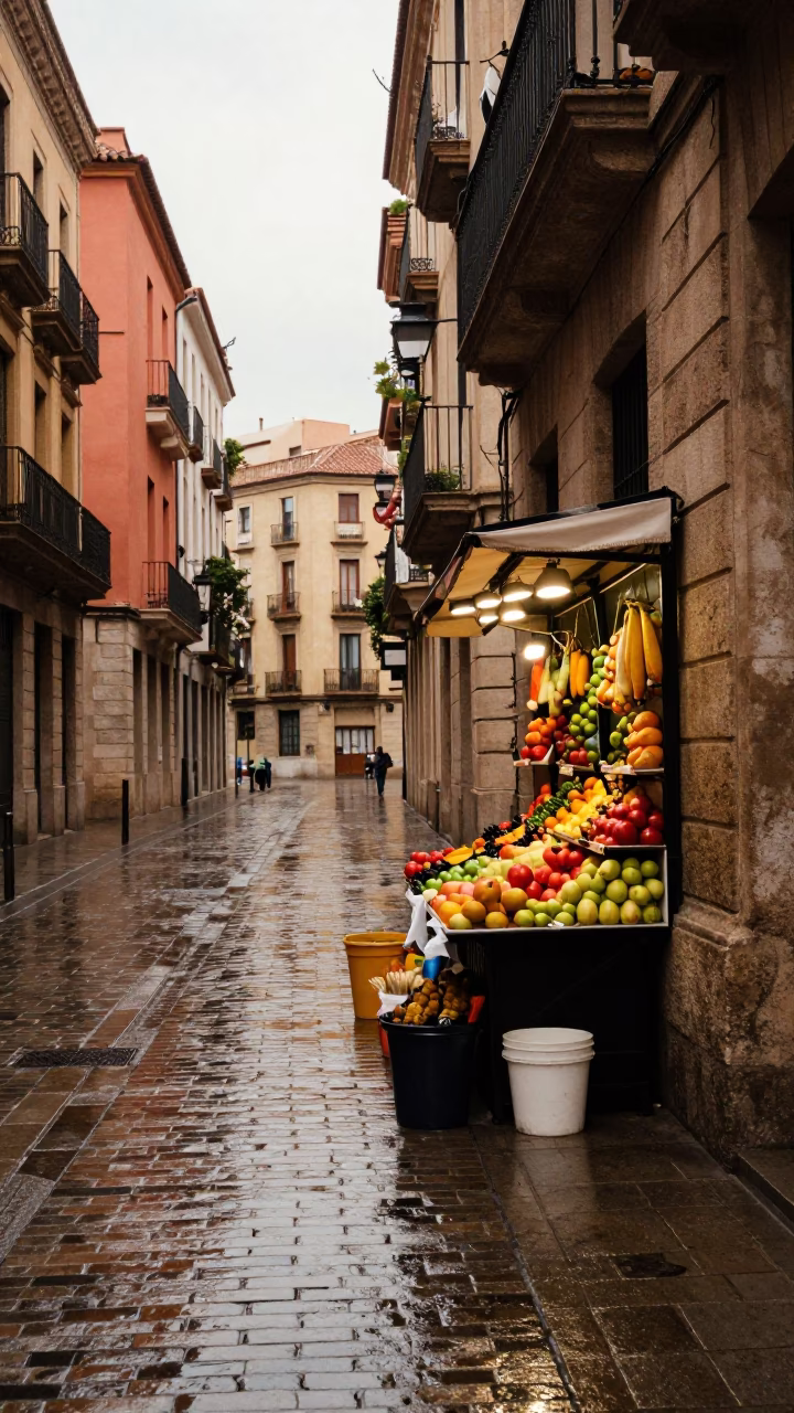 Cobblestone Street in Barcelona in in Barcelona, Spain