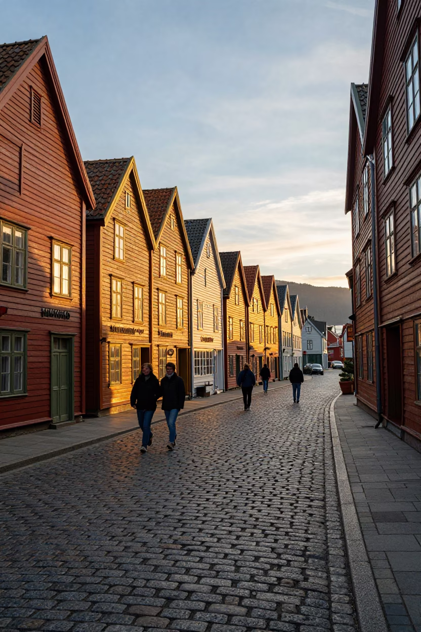 Cobblestone Street in Bergen at Golden Hour in in Bergen, Norway