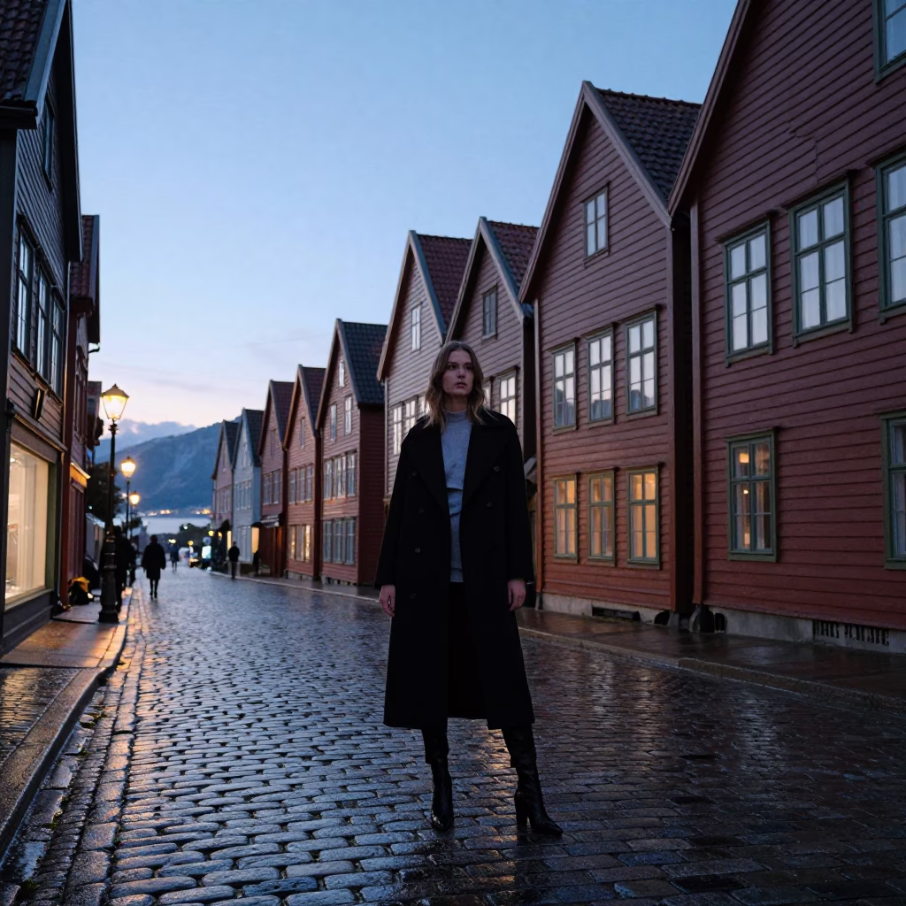Cobblestone Street in Bergen at Indigo Twilight After Sunset in in Bergen, Norway