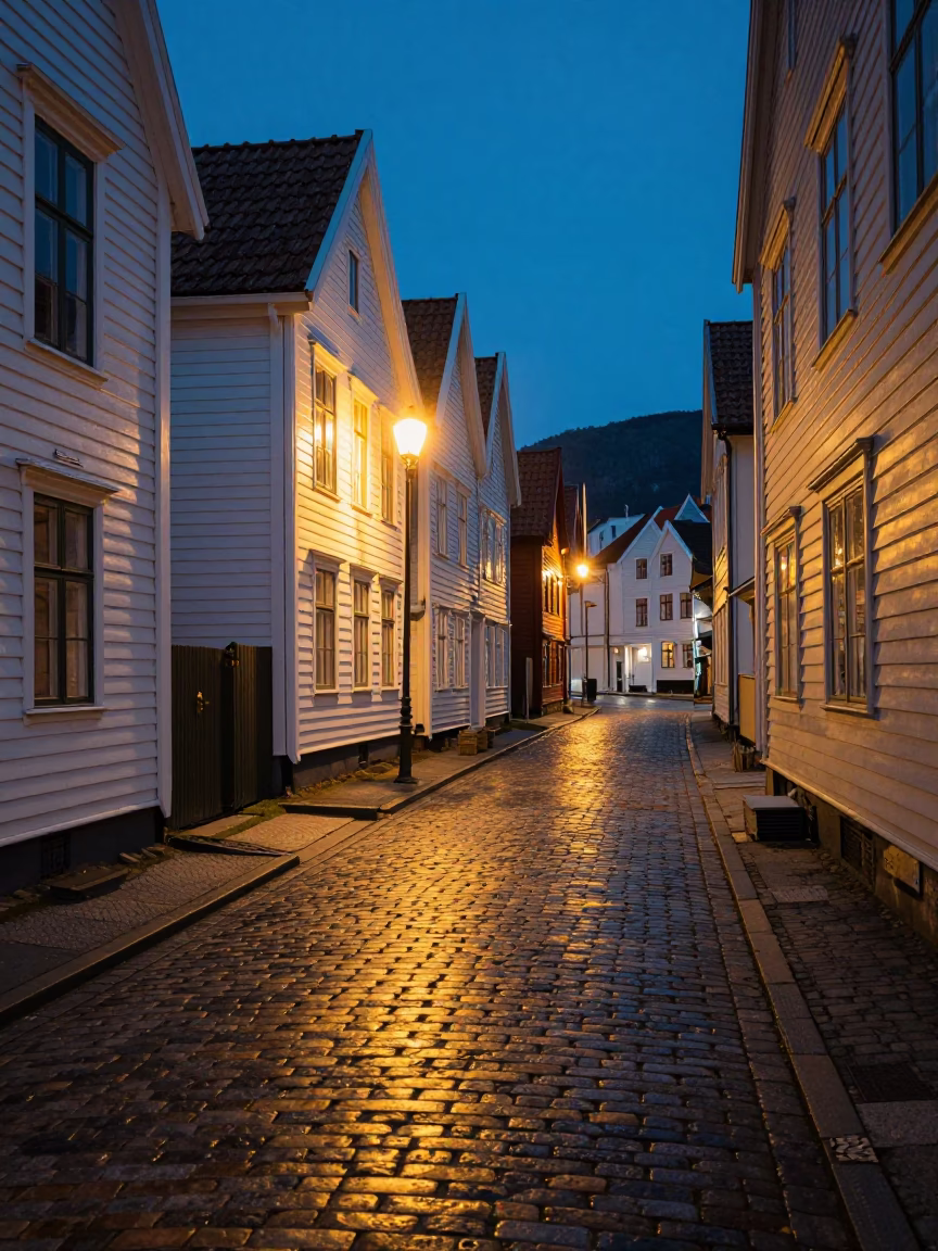 Cobblestone Street in Bergen at Late At Night Light in in Bergen, Norway