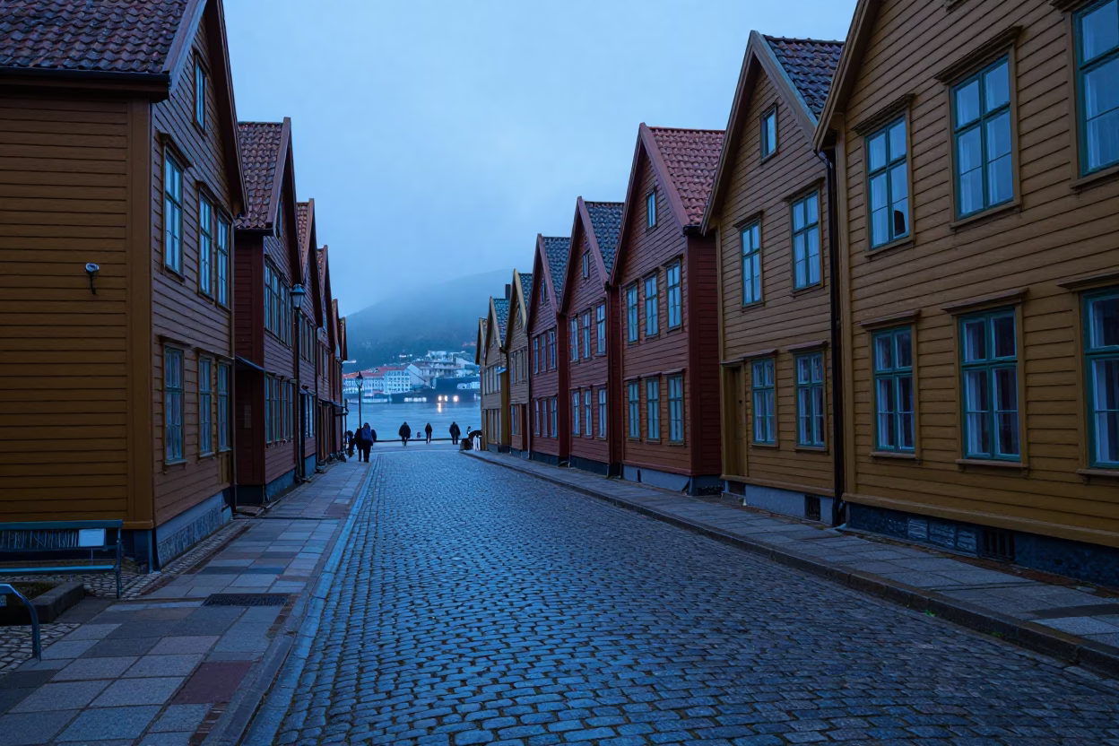 Cobblestone Street in Bergen at Nautical Dawn Light in in Bergen, Norway